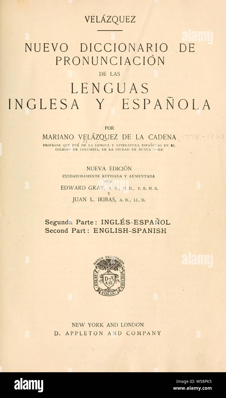 Una nuova pronuncia dizionario della lingua spagnola e in lingua inglese; :  Velázquez de la Cadena, Mariano, 1778-1860 Foto stock - Alamy