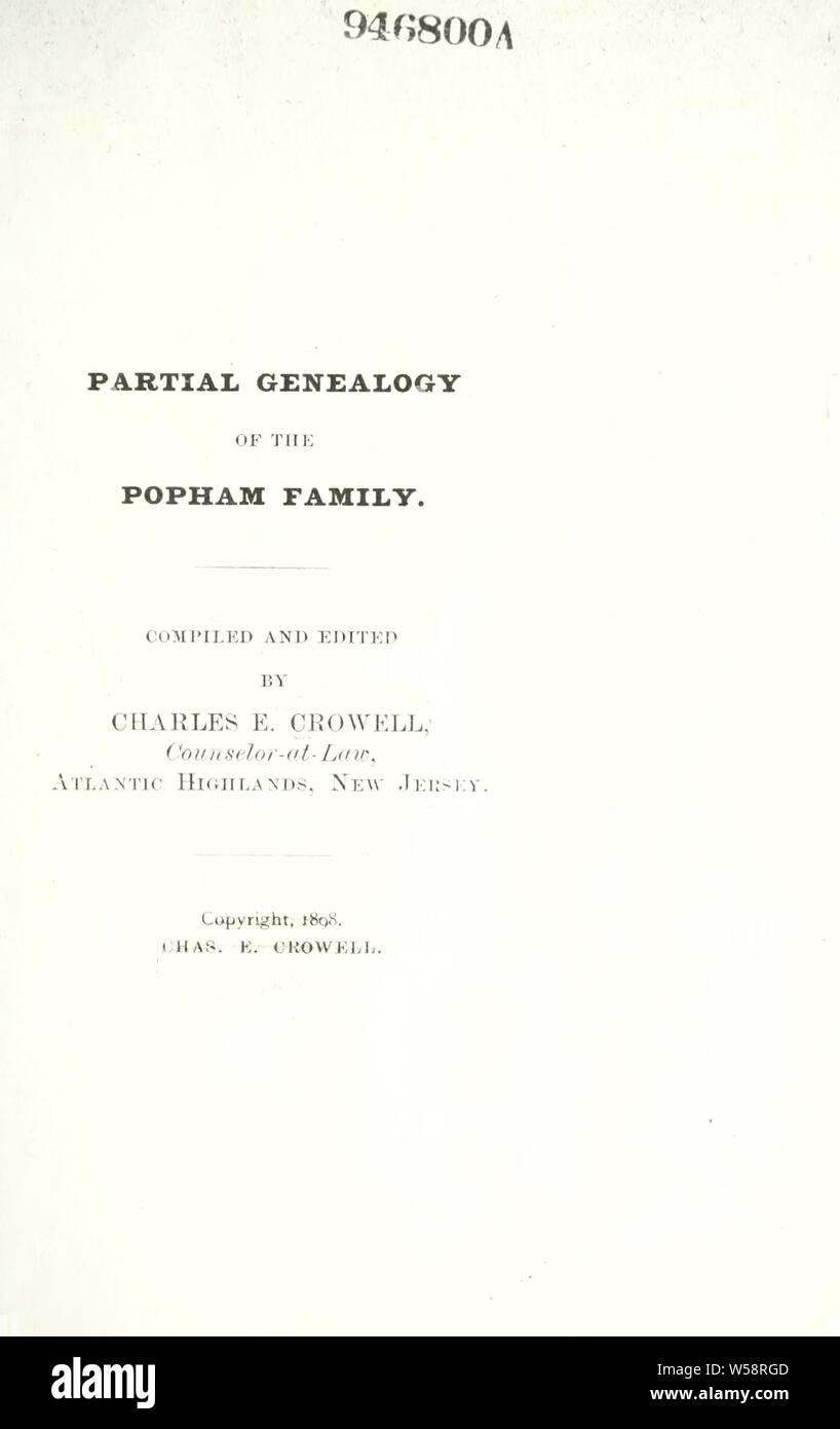 Genealogia parziale del Popham famiglia : Crowell, Charles E. (Charles Edward Foto Stock