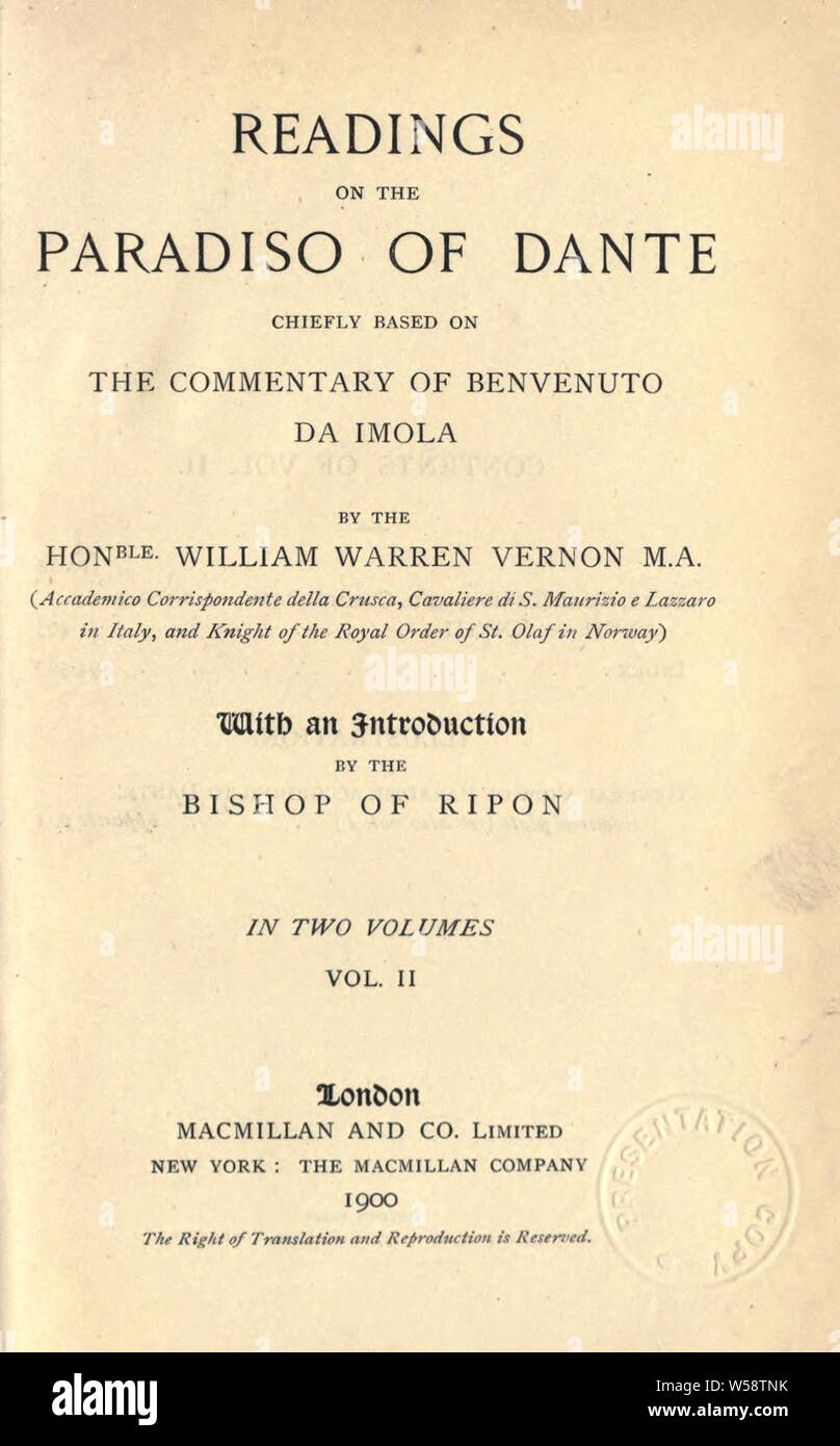 Letture del Paradiso di Dante : Vernon, William Warren, 1834-1919 Foto Stock