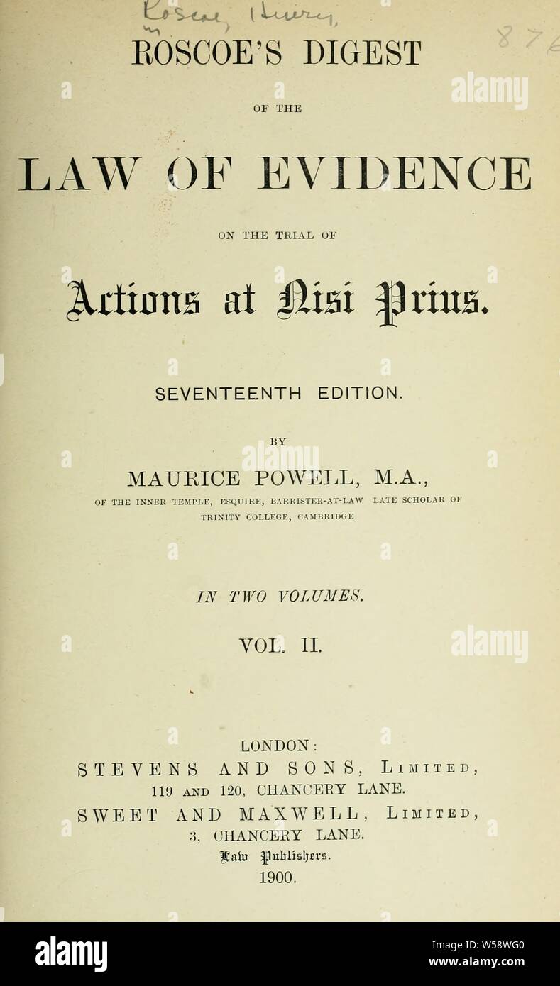 Roscoe's Digest della legge delle prove sul processo di azioni a nisi prius : Roscoe Henry, 1800-1836 Foto Stock