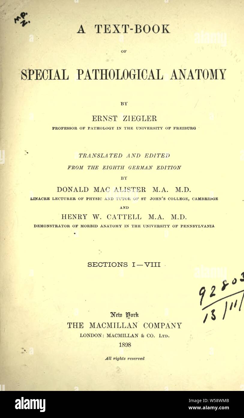 Un libro di testo di speciali anatomia patologica : Ziegler, Ernst, 1849-1905 Foto Stock