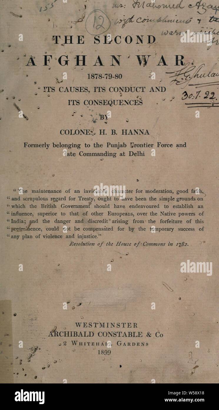 La seconda guerra in Afghanistan, 1878-79-80; le sue cause, la sua condotta e le sue conseguenze : Hanna, Henry Bathurst Foto Stock