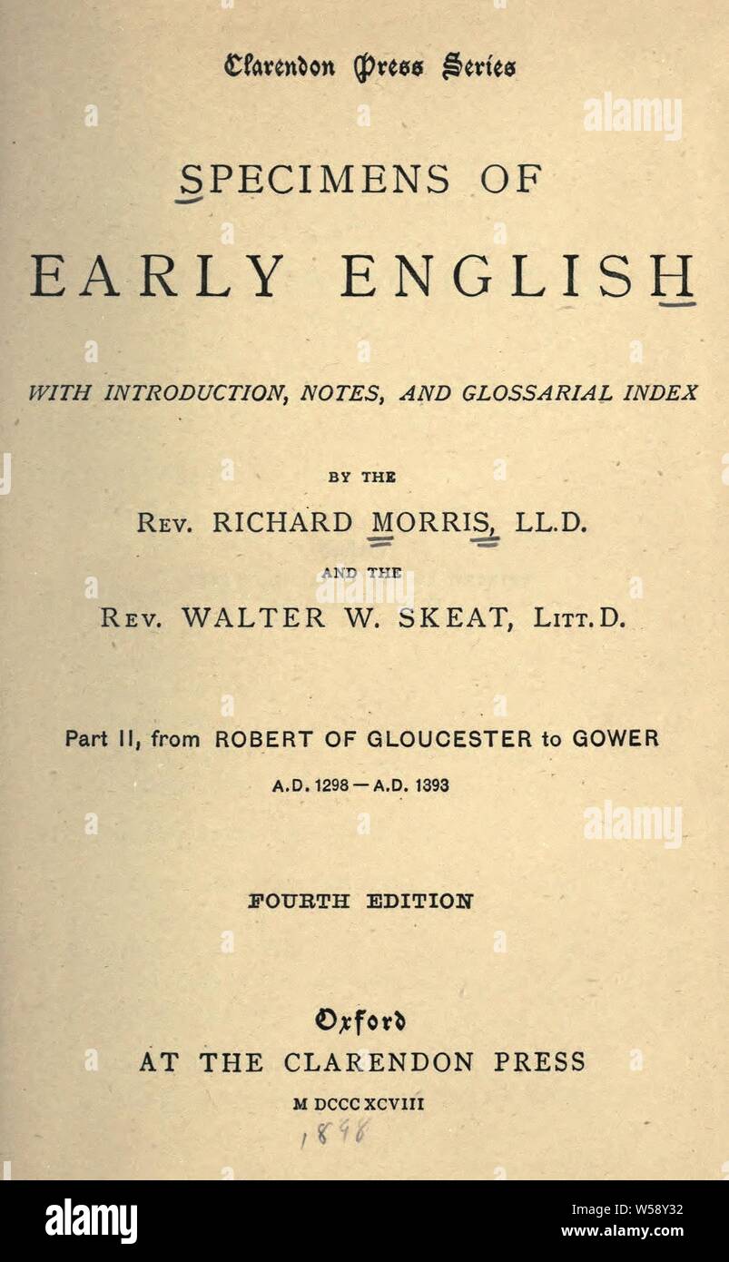 Esemplari di inizio inglese; con introduzione, note e glossarial indice : Morris, Richard, 1833-1894 Foto Stock