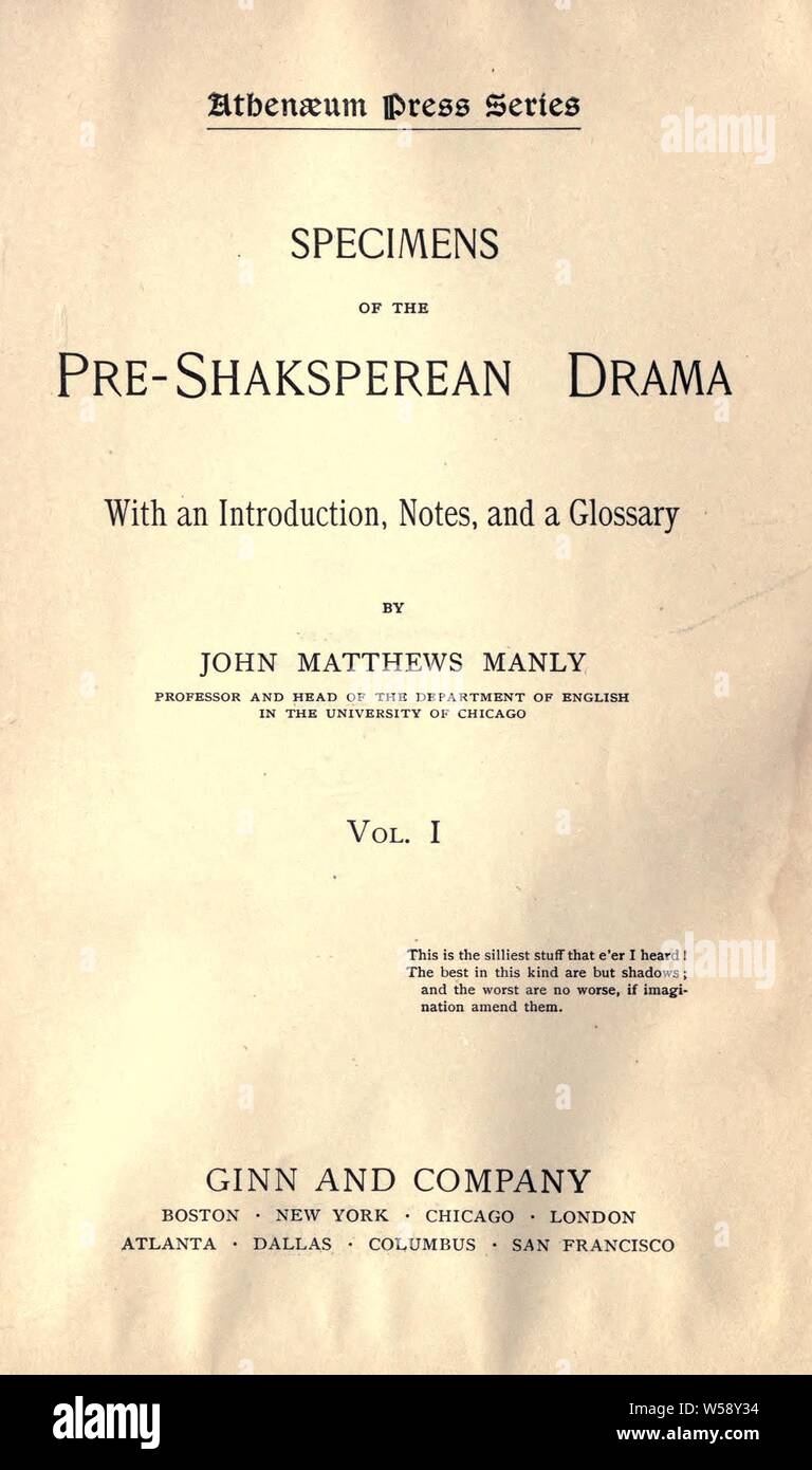 Esemplari di pre-Shakesperean dramma, con un introd., note e un glossario : Manly, John Matthews, 1865-1940 Foto Stock