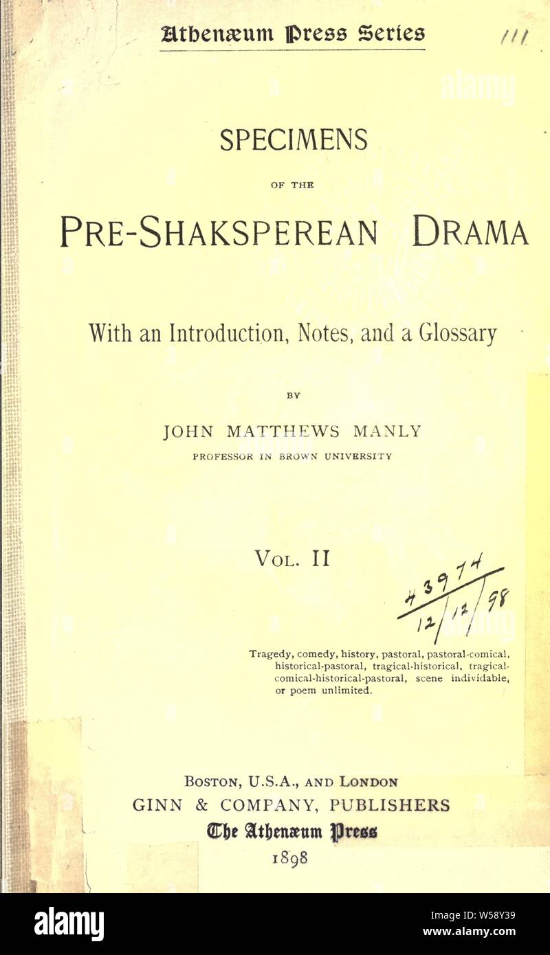 Esemplari di pre-Shakesperean dramma. Con un introd., note e un glossario : Manly, John Matthews, 1865-1940 Foto Stock