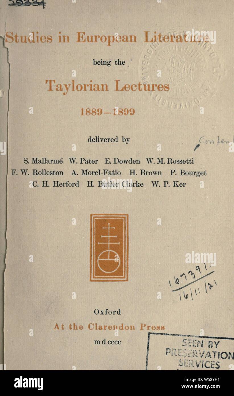 Studi di letteratura europea : essendo il Taylorian lectures 1889-1899 : Istituzione di Taylor Foto Stock