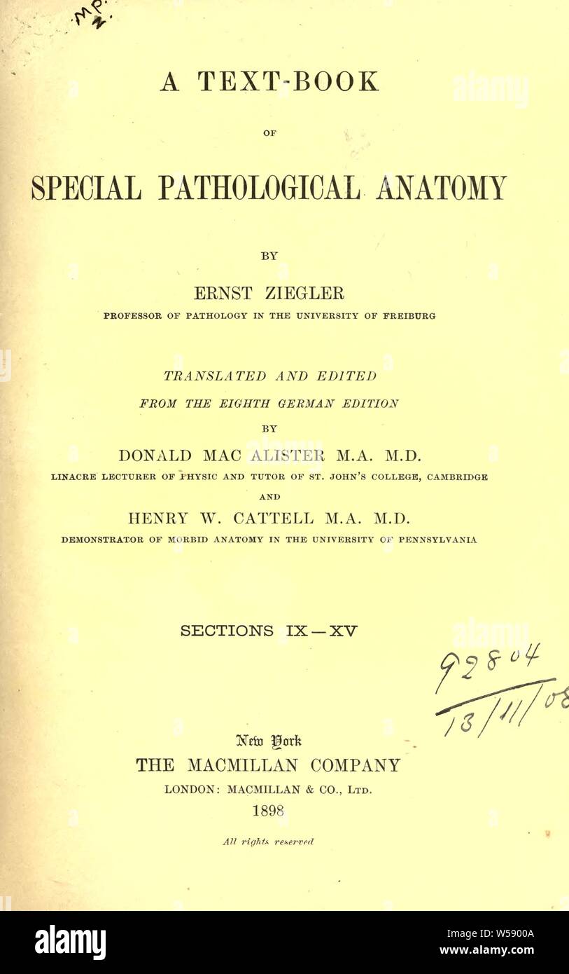 Un libro di testo di speciali anatomia patologica : Ziegler, Ernst, 1849-1905 Foto Stock
