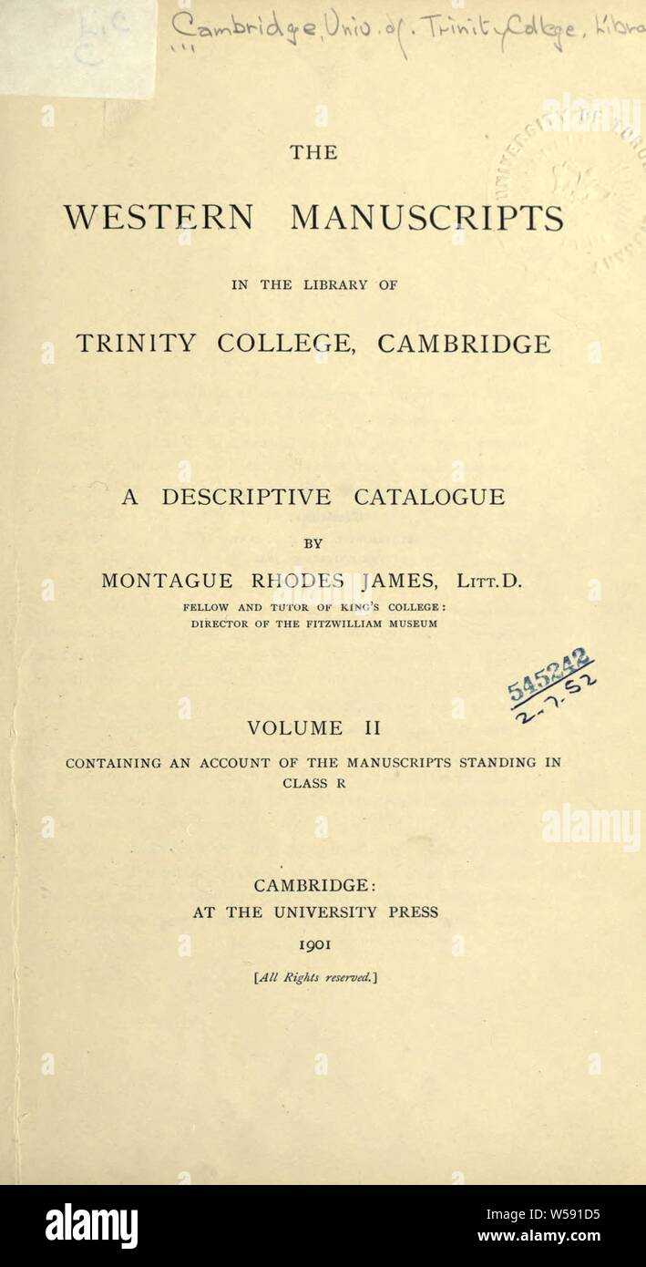 La western manoscritti della biblioteca del Trinity College di Cambridge : un catalogo descrittivo : Trinity College (Università di Cambridge). Libreria Foto Stock