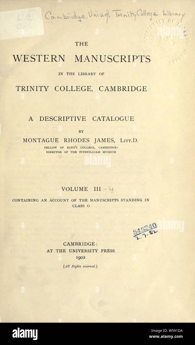 La western manoscritti della biblioteca del Trinity College di Cambridge : un catalogo descrittivo : Trinity College (Università di Cambridge). Libreria Foto Stock