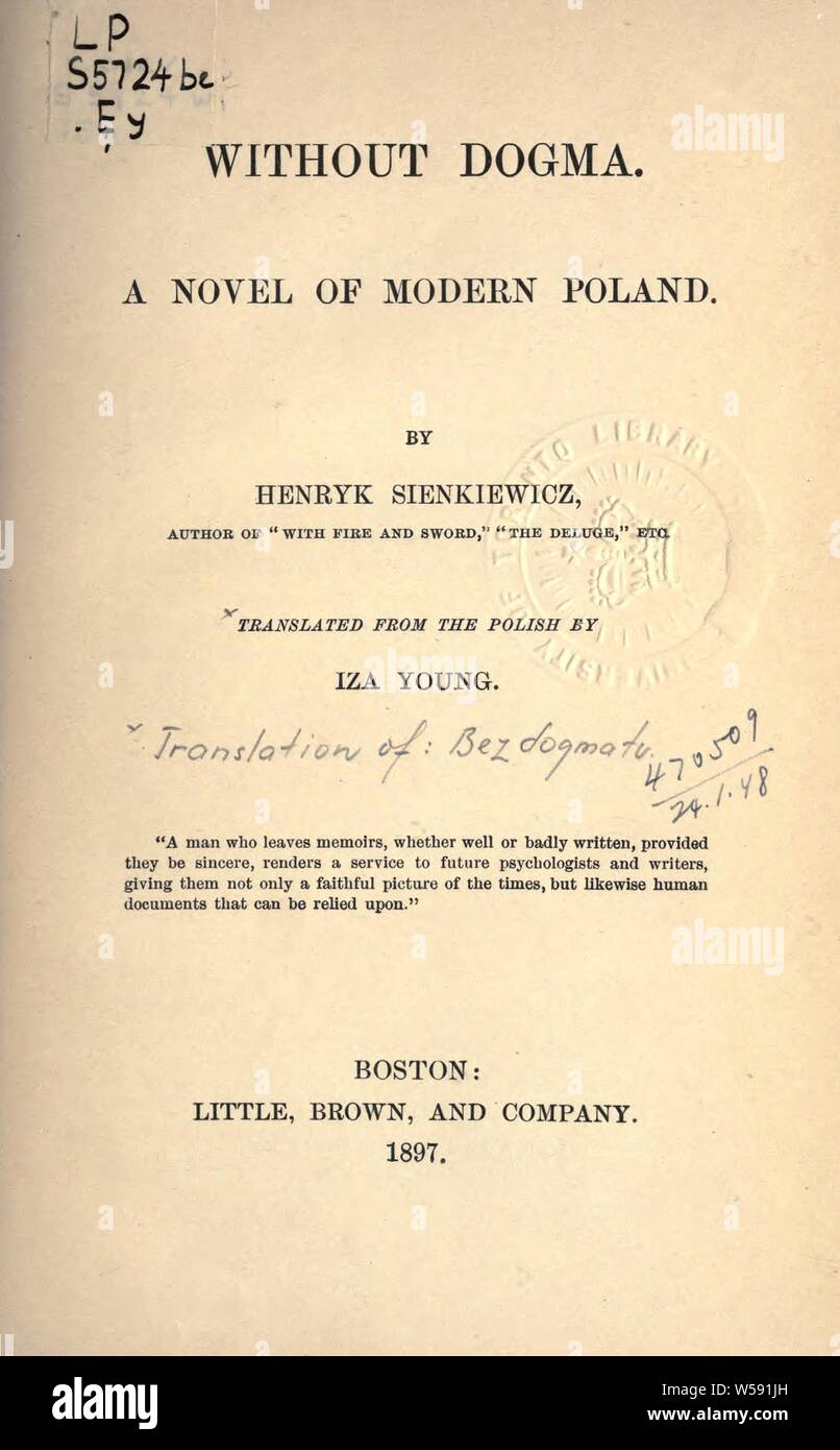 Senza dogmi : un romanzo della moderna Polonia : Sienkiewicz, Henryk, 1846-1916 Foto Stock