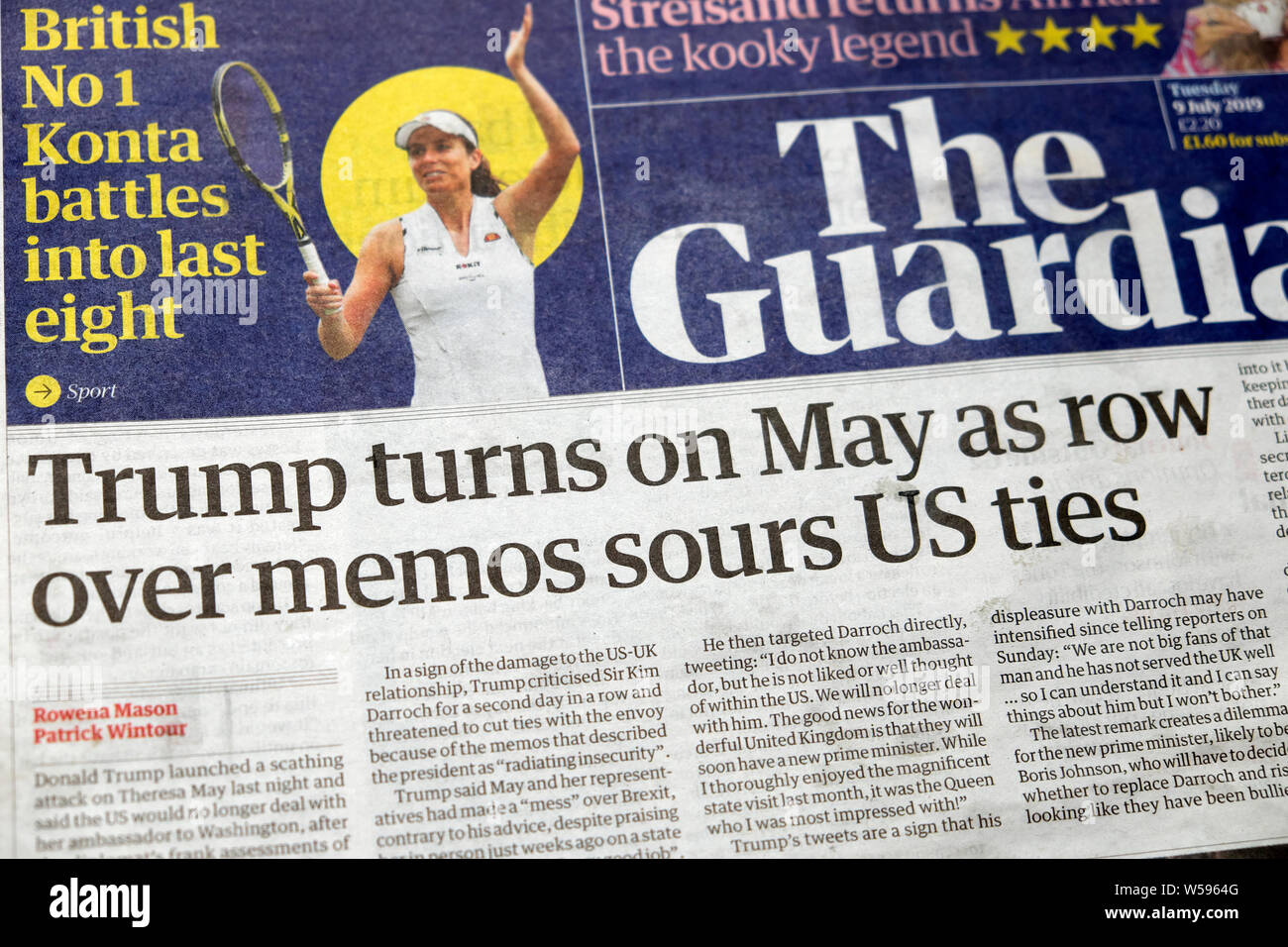 "Trump si accende può come riga su memo sour noi vincoli quotidiano Guardian headline 9 luglio Londra Inghilterra REGNO UNITO Foto Stock