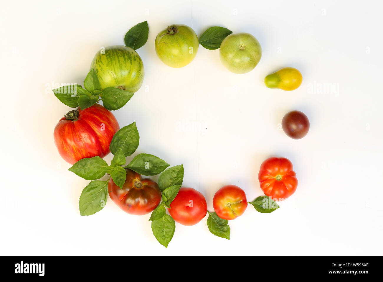 Tomaten mit Basilikum auf weißem Hintergrund Foto Stock