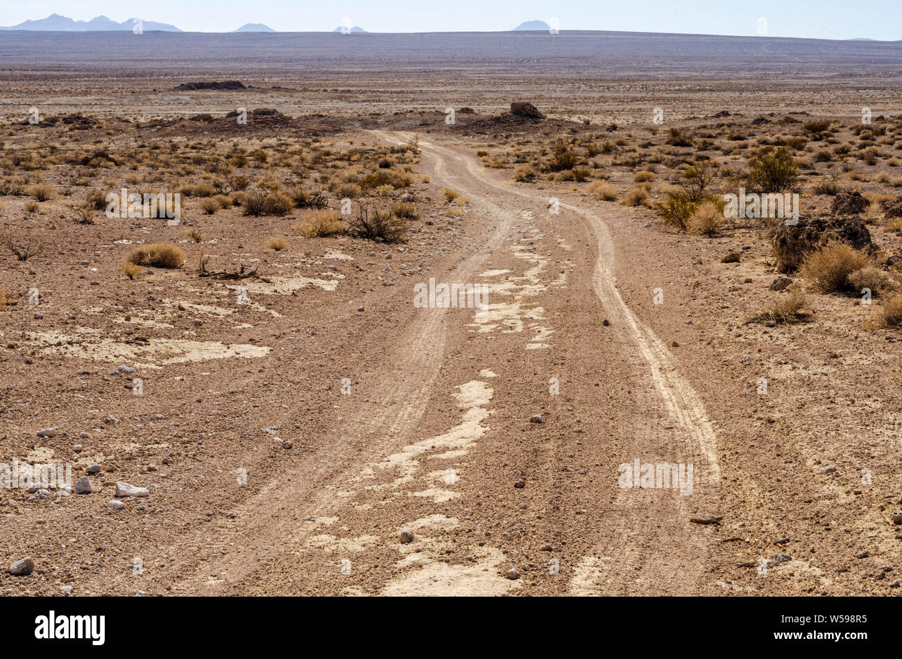 Strada sterrata con tracce di pneumatici che porta nella valle del deserto sotto cieli nebuloso. Foto Stock
