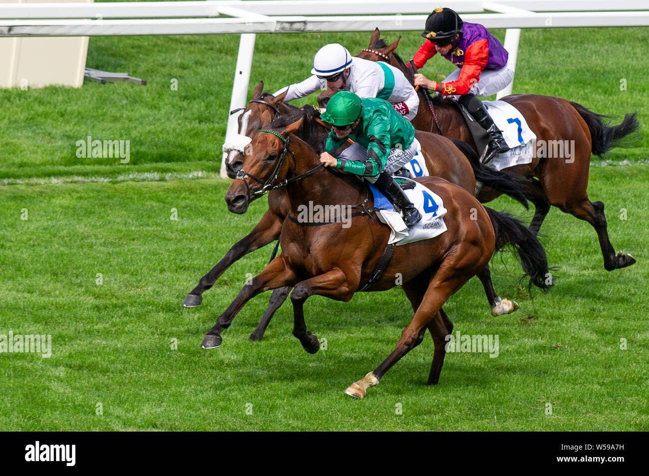 Ascot Racecourse, Ascot, Regno Unito. 26 Luglio, 2019. Una vittoria per il jockey Kieran O'Neill sul cavallo irlandese Duneflower nell'assicurazione Acorn British EBF Valiant picchetti. Credito: Maureen McLean/Alamy Foto Stock