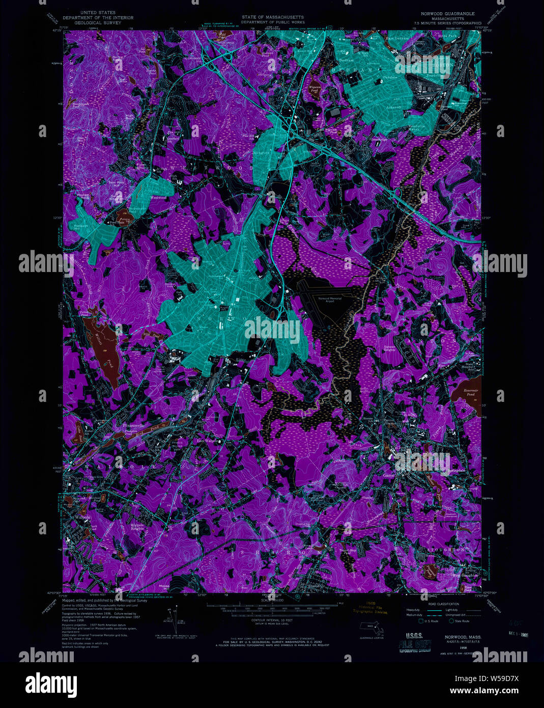 Massachusetts storico USGS TOPO Map MA Norwood 350410 1958 24000 Restauro invertito Foto Stock