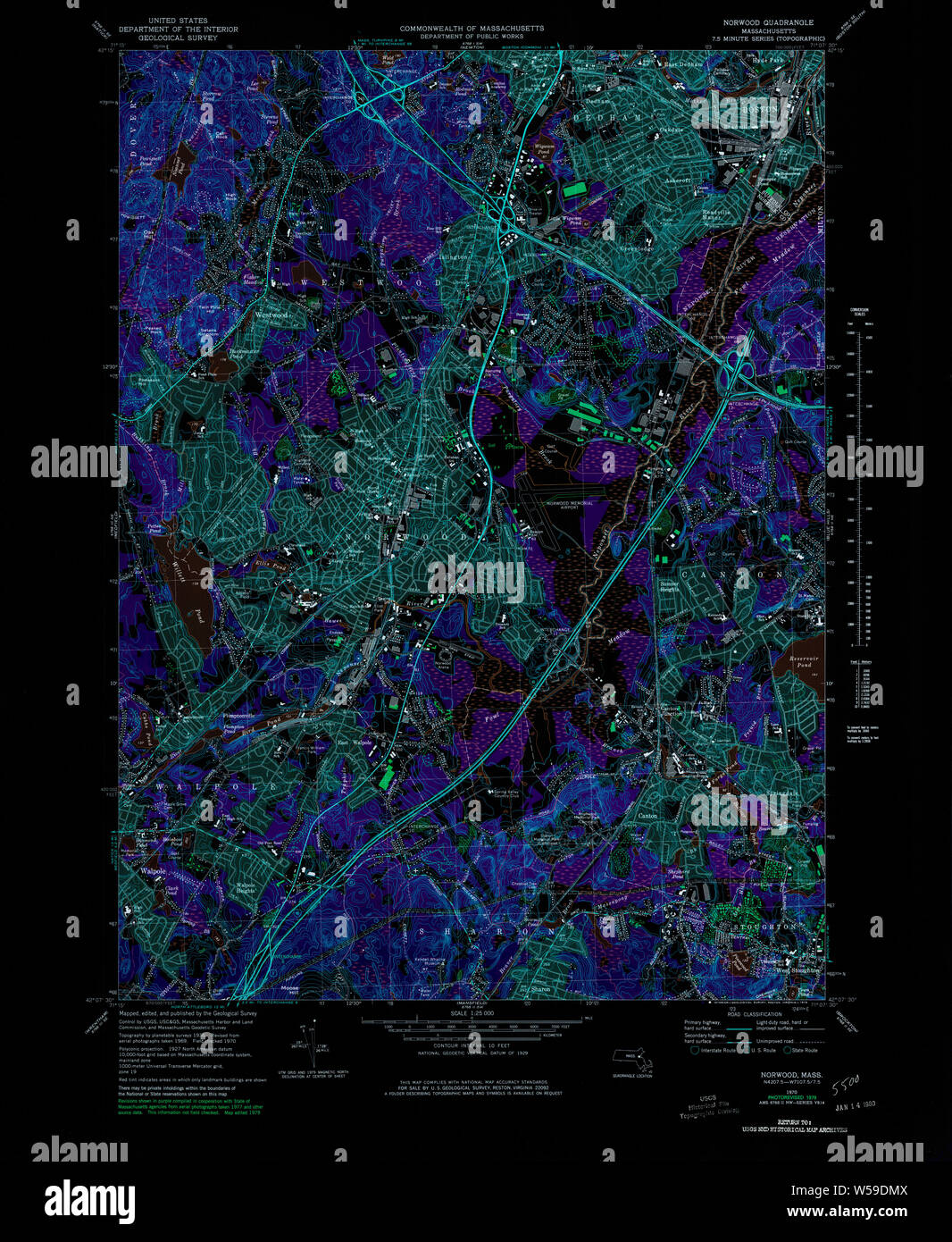 Massachusetts storico USGS TOPO Map MA Norwood 351184 1970 25000 Restauro invertito Foto Stock