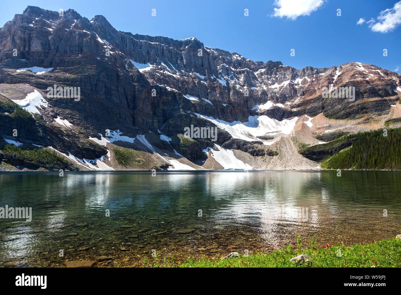 Acqua calma del bellissimo Lago di Scarabeo e frastagliate cime delle montagne sullo sfondo. Il Parco Nazionale di Banff Estate Montagne Rocciose Canadesi Foto Stock