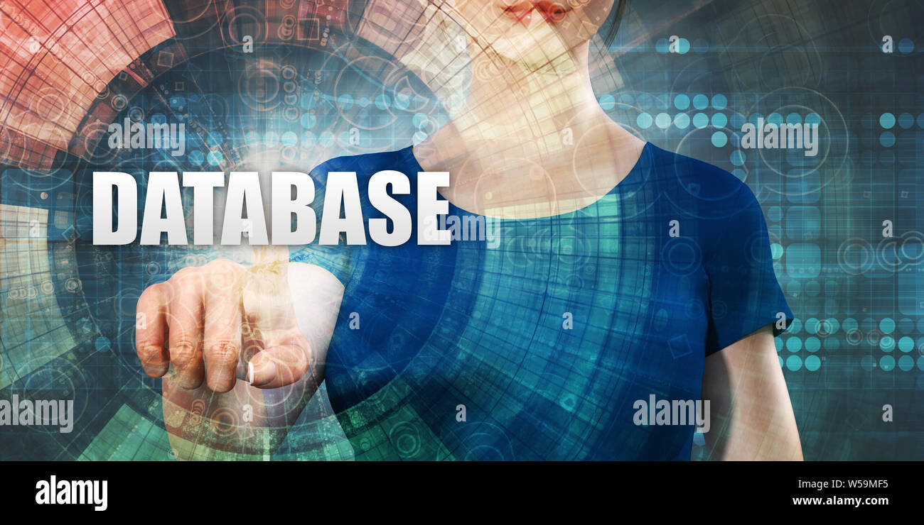 La tecnologia dei database con la donna premendo sullo schermo Foto Stock