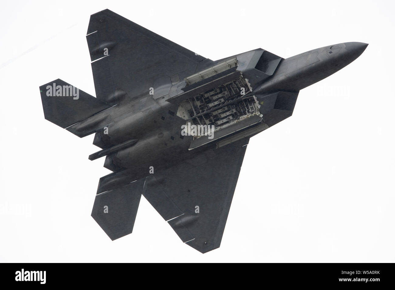 Stati Uniti Air Force Il Mag. Joshua "Cabo" Gunderson, un F-22 Raptor pilota con il novantesimo Fighter Squadron esegue una dimostrazione di antenna per gli spettatori durante la terza ala il centesimo anniversario celebrazione che si tiene a base comune Elmendorf-Richardson, Alaska, Luglio, 26, 2019. Gli eventi inclusi un aerodromo 5K run, un F-22 Raptor dimostrazione, un F-22 carico di armi crew concorrenza e un tradizionale roll call e pianoforte di masterizzazione. (U.S. Air Force foto di Alejandro Peña) Foto Stock