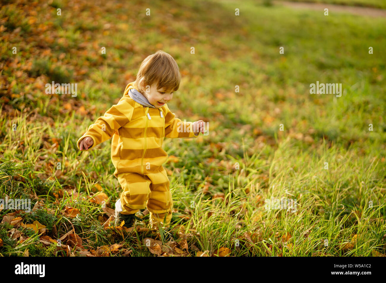 Concetto: famiglia, bambini. Felice piccolo bambino, baby boy ridendo e giocando in autunno la natura a piedi all'aperto presso il park Foto Stock