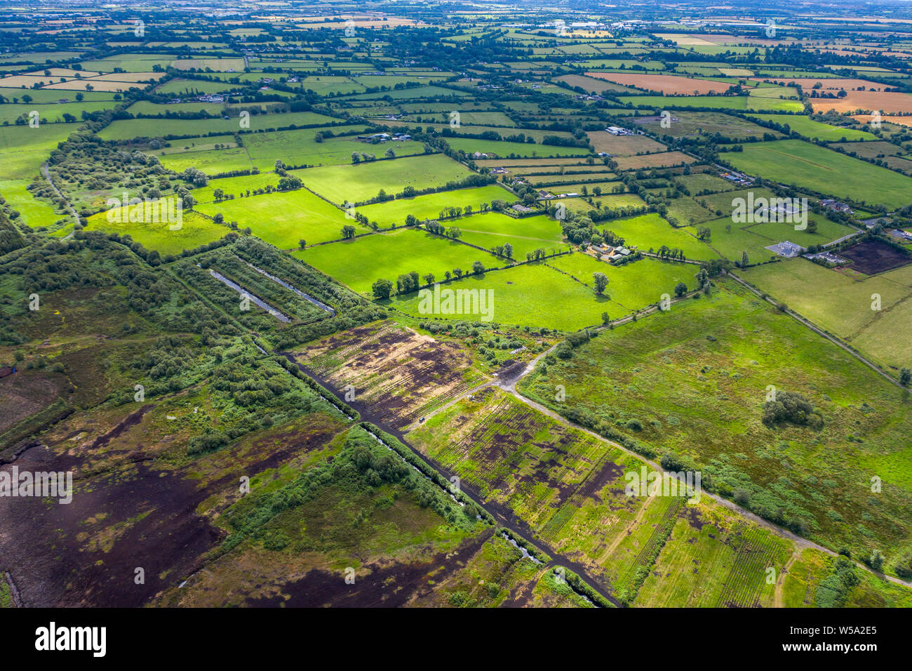 Immagine aerea delle zone rurali e tipico verde e lussureggiante campagna della contea di Kildare in Irlanda Foto Stock