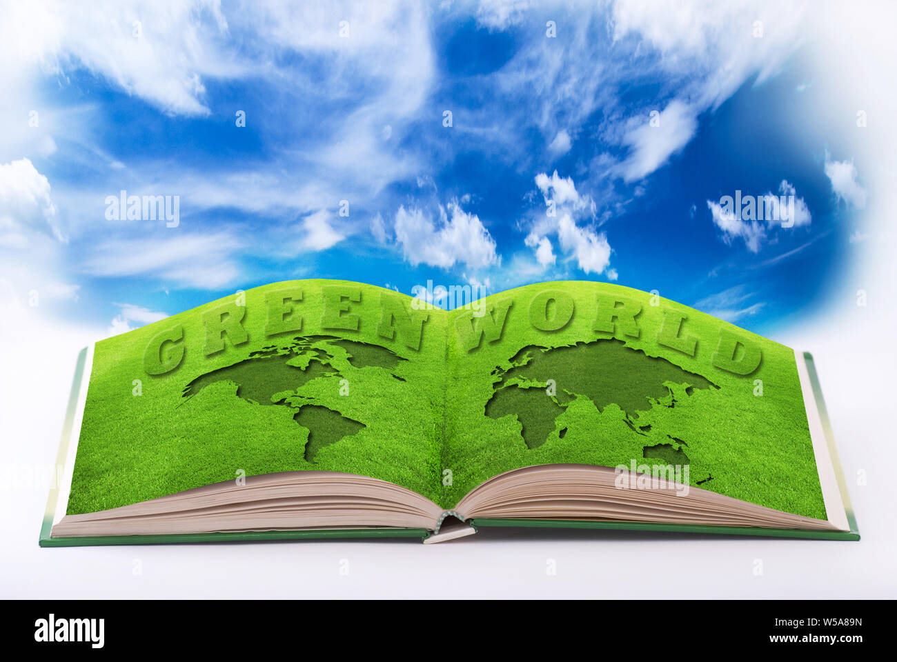 Libro aperto con pagine illustrate da un mondo verde e un sereno e ambiente ecologico Foto Stock