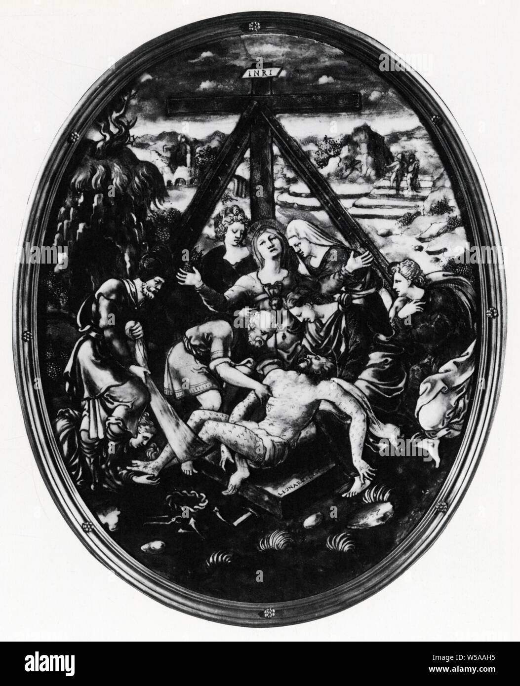 LÉONARD LIMOSIN.(OU 1505-1575 1577).La DÉPLORATION DE LA VIERGE.EMAIL PEINT.1557. Foto Stock