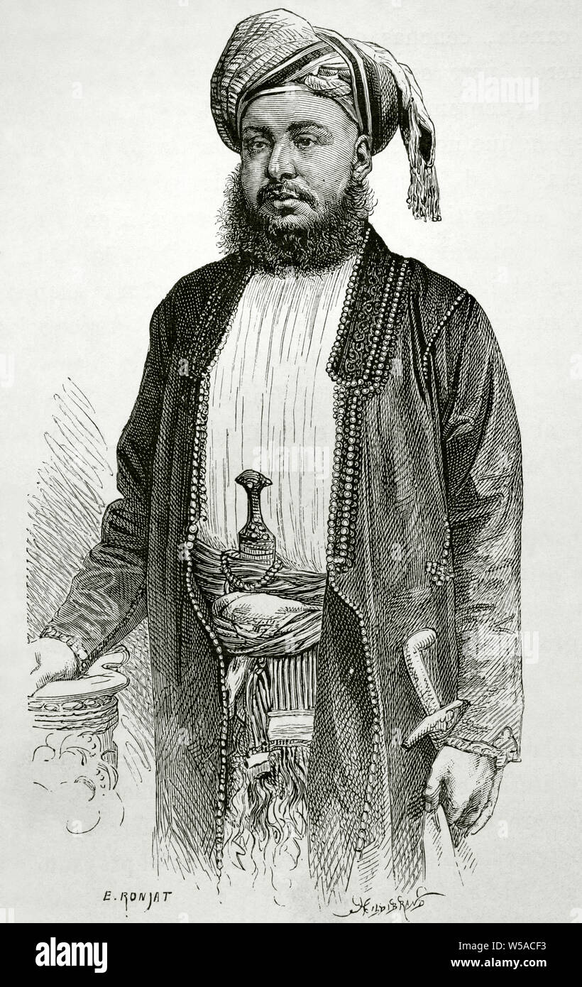 Barghash bin detto di Zanzibar (1837-1888). Il Sultano di Zanzibar (1870-1888). Durante il suo regno la tratta degli schiavi a Zanzibar è stato abolito. Disegno di Etienne Ronjat (1822-1912). Incisione di Hildibrand. Africa inexplorada, el Continente Misterioso da Henry Morton Stanley, c. 1887. Foto Stock