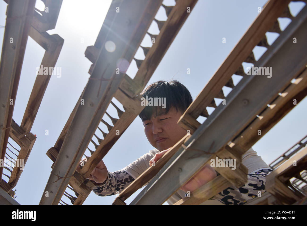 (190727) -- TURPAN, 27 luglio 2019 (Xinhua) -- Inspector si Liwu organizza gli elementi di prova a un al di fuori dell area di prova del Xinjiang Turpan Ambiente Naturale Experimental Research Center di Turpan, a nord-ovest della Cina di Xinjiang Uygur Regione autonoma, 17 luglio 2019. Si Liwu, 26, è stato un outdoor-test di esposizione ispettore del Xinjiang Turpan Ambiente Naturale sperimentale del Centro di ricerca poiché la laurea due anni fa. Il suo lavoro è quello di esaminare gli elementi di prova e monitorare e raccogliere dati che sarebbe esposta al torrido terreno di prova per un massimo di cinque ore ogni giorno. In Turpan, la superficie di terra temperat Foto Stock