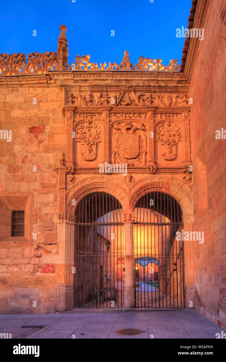 La storica Università al crepuscolo, Salamanca, Castilla y León, Castiglia e Leon, Spagna Foto Stock