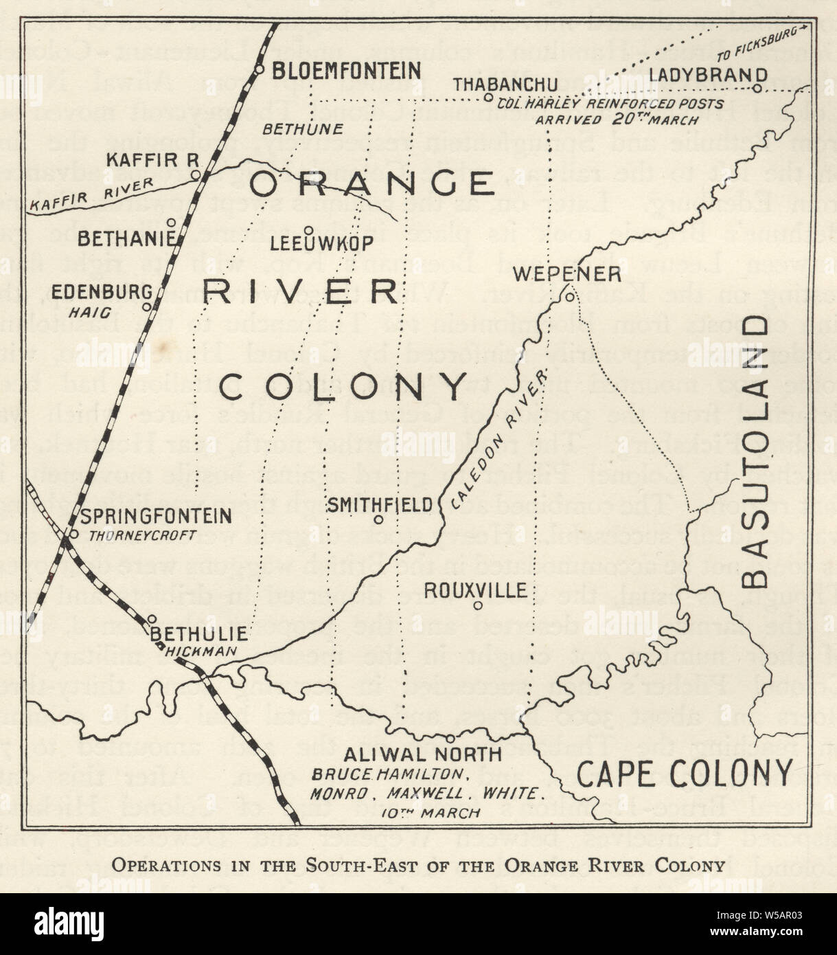Mappa dalla Seconda guerra boera, operazioni nel sud est del fiume Orange Colony 1901 Foto Stock
