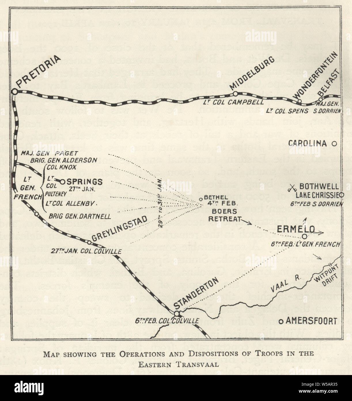Mappa dalla Seconda guerra boera, operazioni e disposizioni di truppe nel Transvaal Orientale 1901 Foto Stock