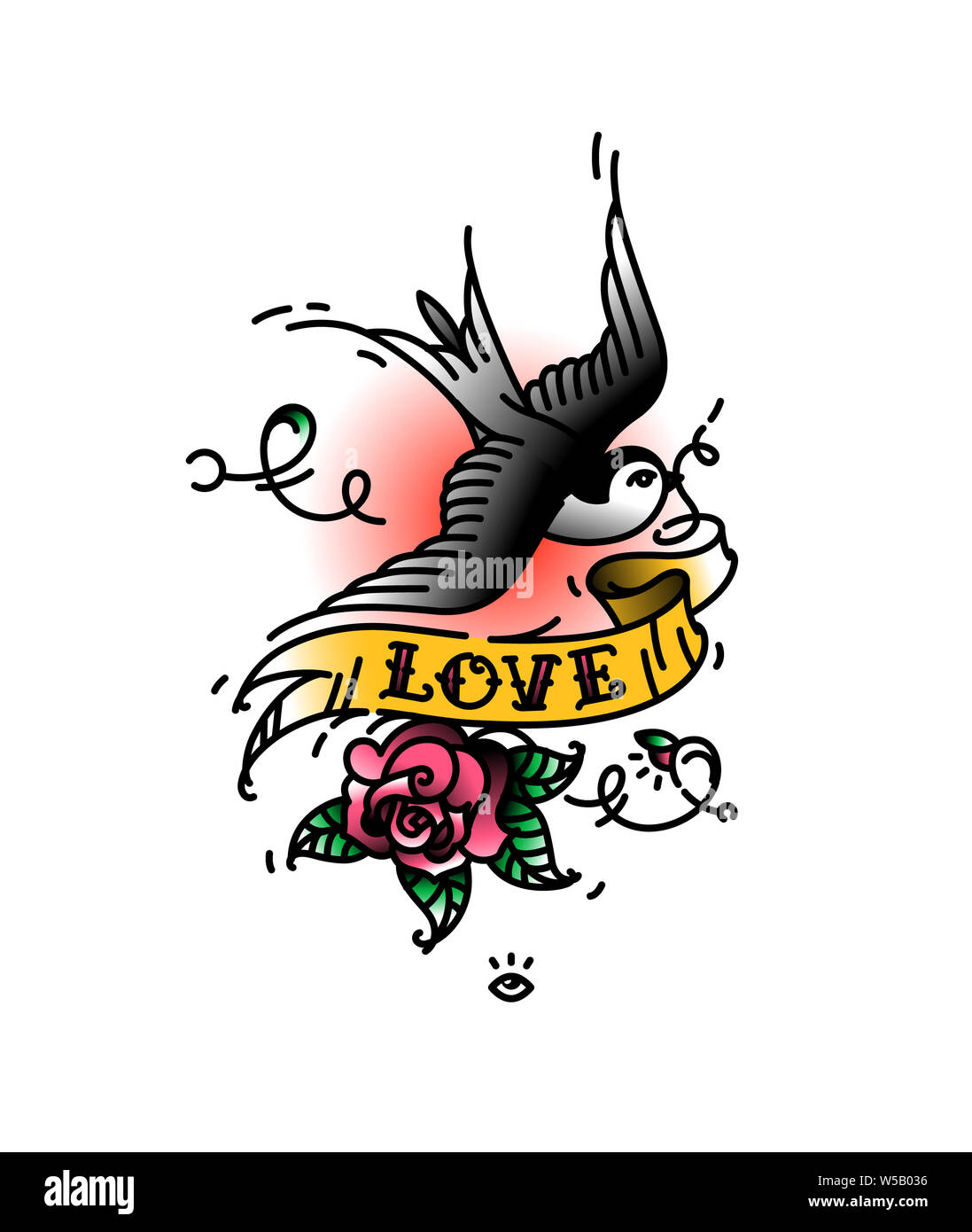 Tattoo Rondini con l iscrizione di amore e di un bocciolo di rosa dal di sotto. Illustrazione Vettoriale. Tatuaggio di un americano di vecchia scuola. Bird swift con nastro e Foto Stock