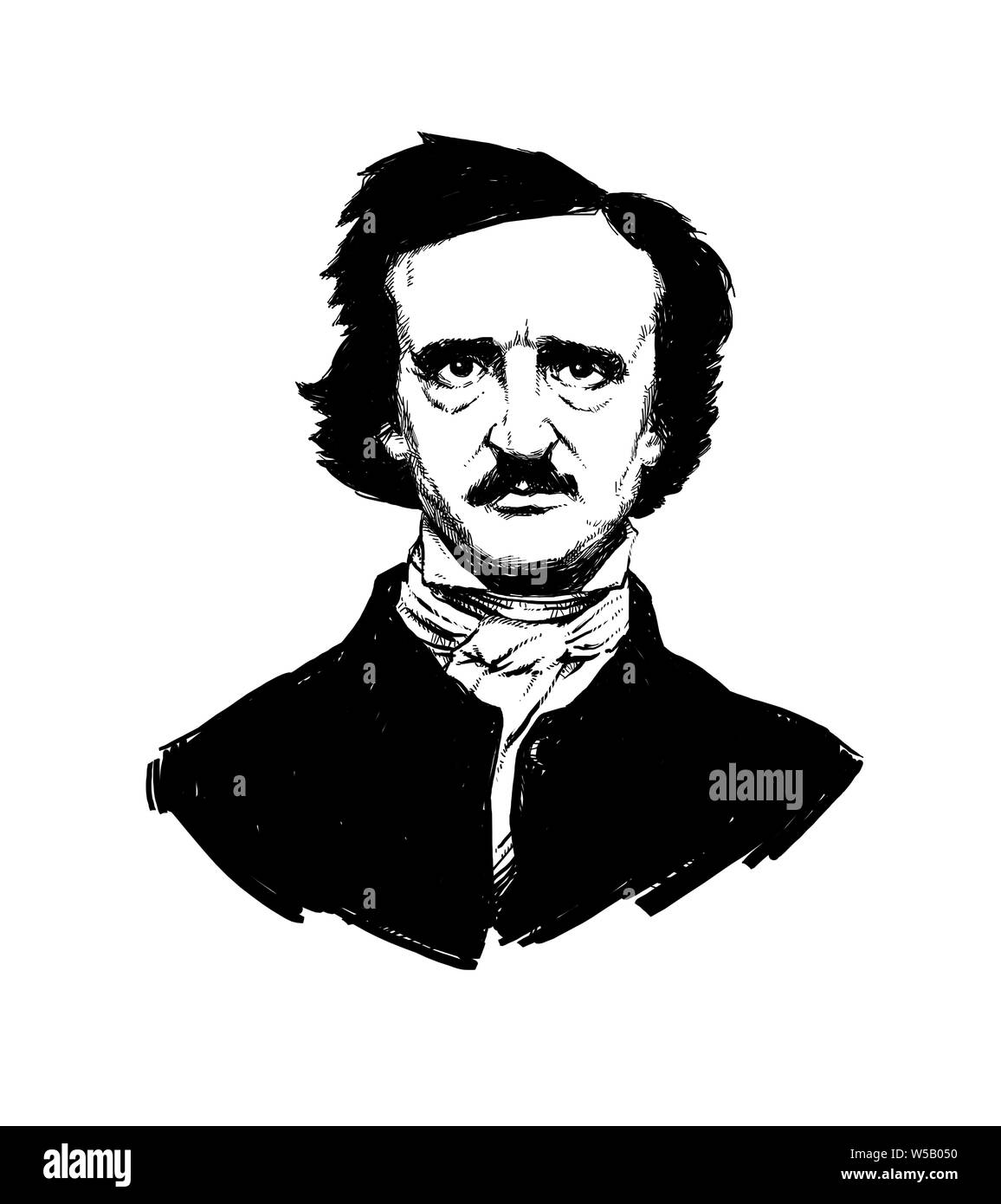 Illustrazione di Edgar Allan Poe. Ritratto di un grande scrittore americano e poeta. Illustrazione per un tatuaggio, sito, opuscoli, poster, cartolina. Immagine su wh Foto Stock