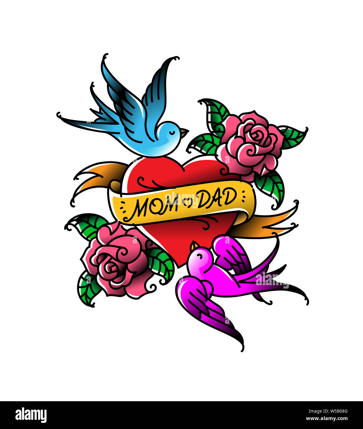 Tatuaggi con la scritta di mamma e papà. Due cuori con un fiore e un uccello. Raster tatuaggio piana. Congratulazioni per i genitori con un anniversario. Foto Stock