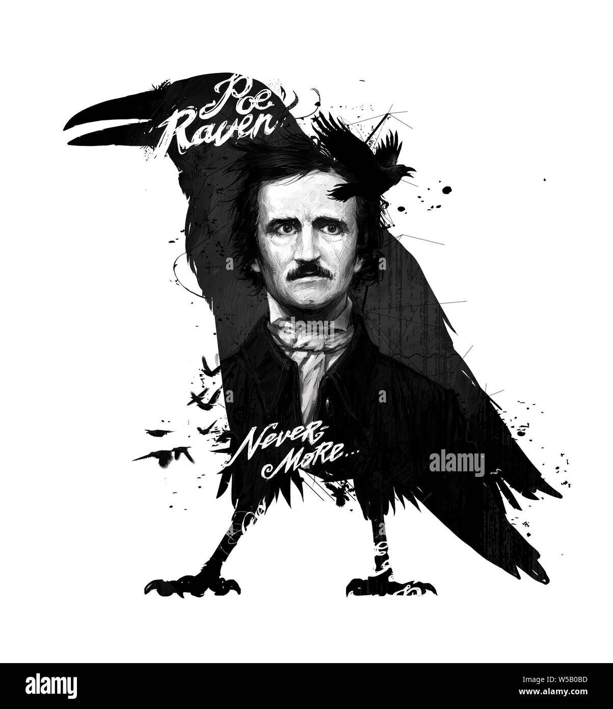 Edgar Allan Poe, disegno isolato su sfondo bianco per la stampa e il web. In bianco e nero la composizione e la calligrafia per l'interno. Graffi di verniciatura Foto Stock
