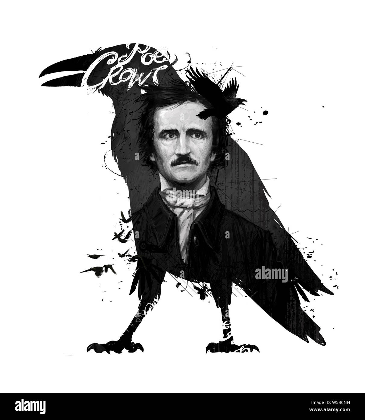 Edgar Allan Poe, disegno isolato su sfondo bianco per la stampa e il web. In bianco e nero la composizione e la calligrafia per l'interno. Graffi di verniciatura Foto Stock