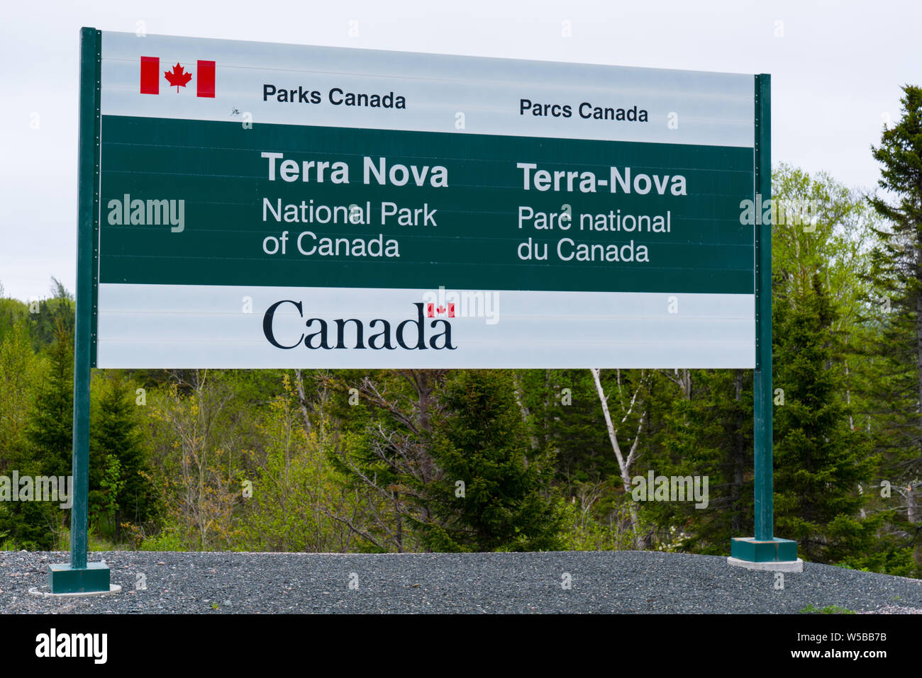 Wiltondale, Terranova - Giugno 11, 2019: segno di benvenuto all'ingresso di Terra Nova National Park in Terranova, Canada Foto Stock