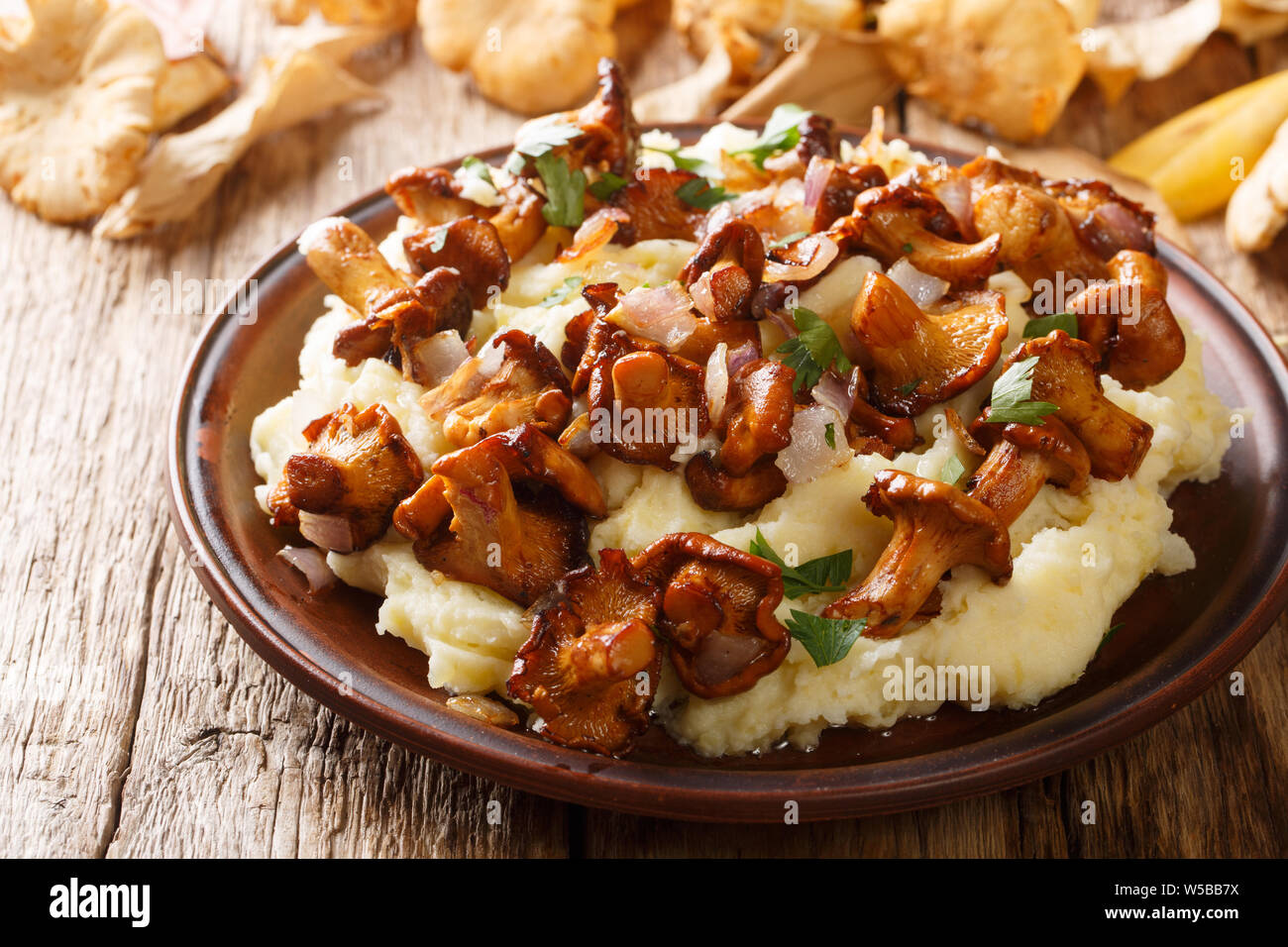 Chanterelle funghi di bosco con patate guarnite, cipolle e prezzemolo closeup su una piastra sul tavolo orizzontale. Foto Stock