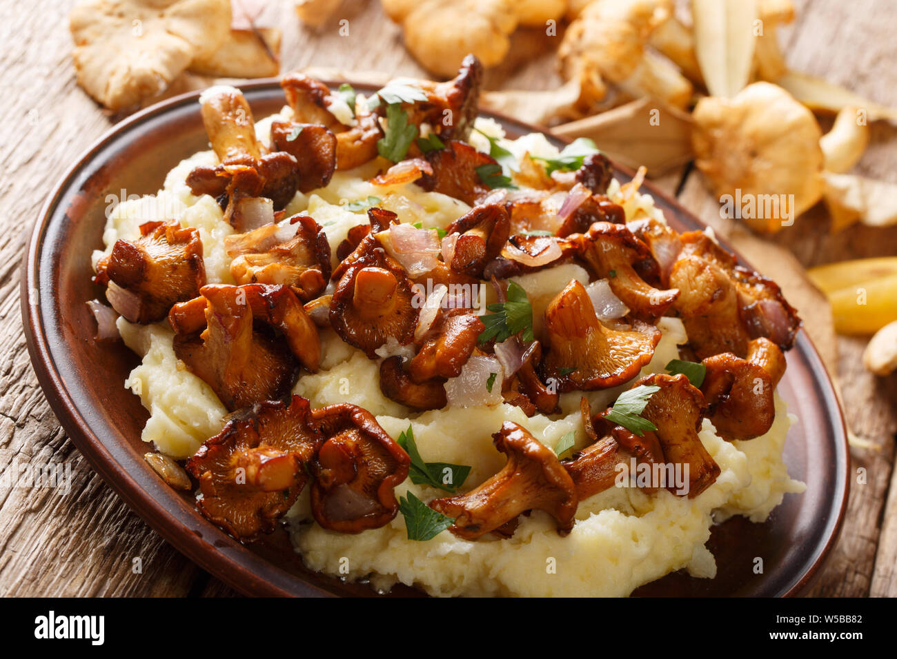 Tradizionale purea di patate con finferli fritto, cipolle e prezzemolo closeup su una piastra sul tavolo orizzontale. Foto Stock