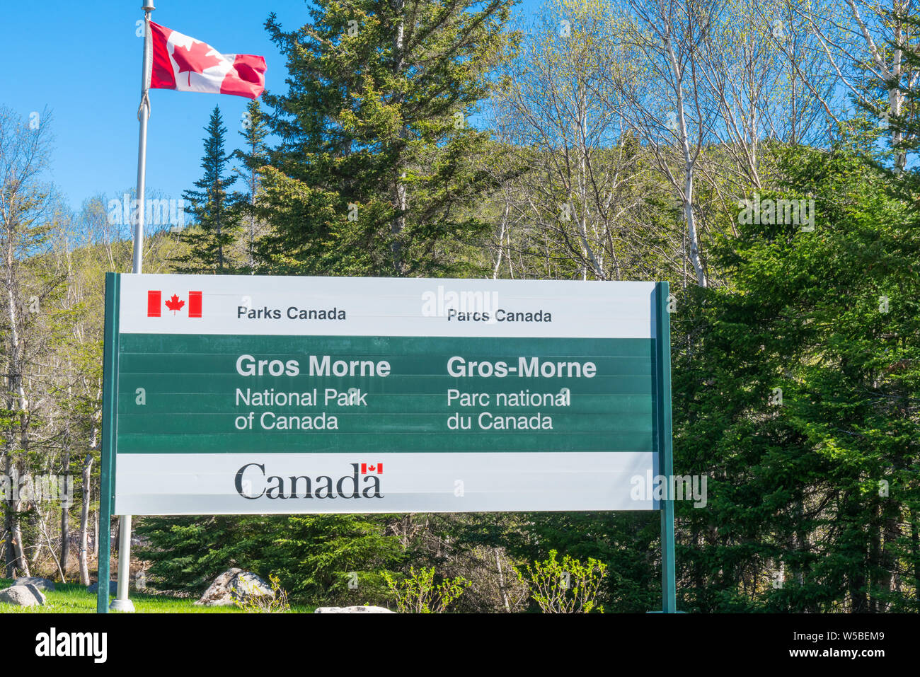 Wiltondale, Terranova - Giugno 11, 2019: segno di benvenuto presso l'entrata al Parco Nazionale Gros Morne in Terranova, Canada Foto Stock