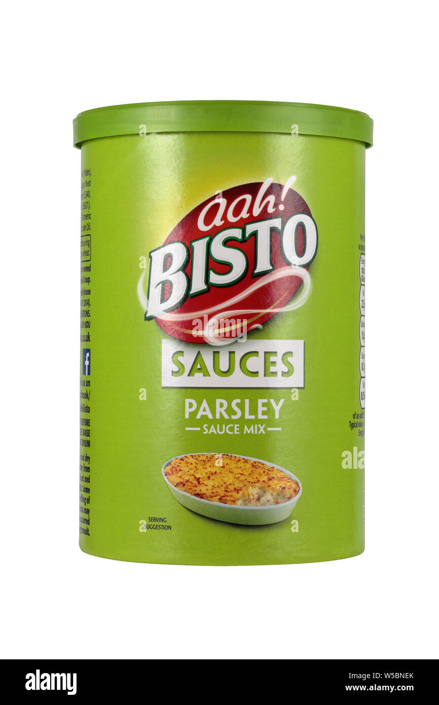 Salse Bisto - una vasca di Bisto Parsley Sauce Mix isolato su uno sfondo bianco Foto Stock