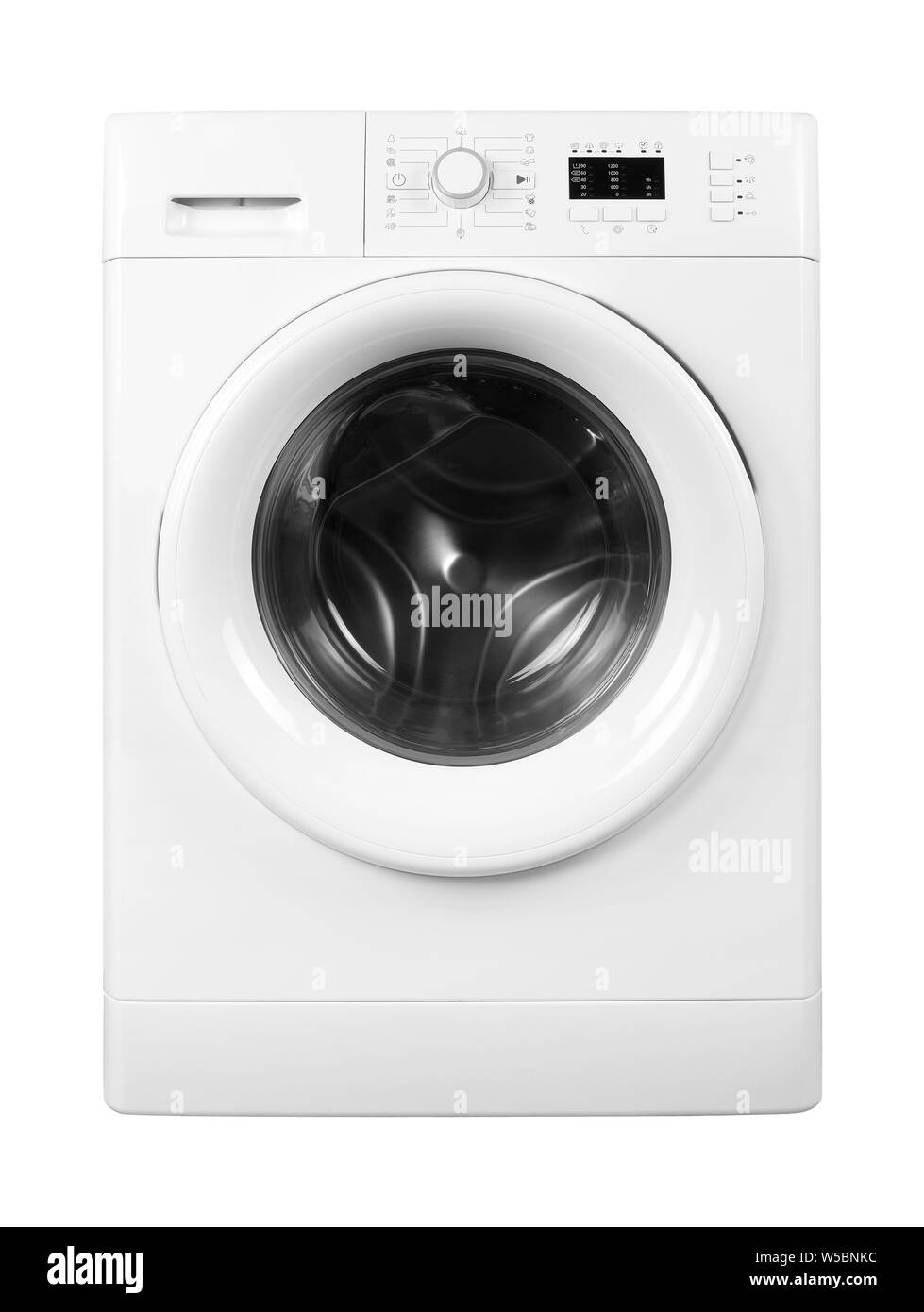 Grandi elettrodomestici - vista frontale della macchina di lavaggio su sfondo bianco Foto Stock