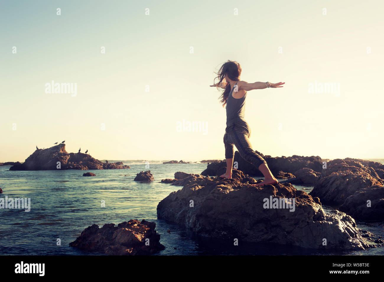 Yoga donna guerriero dal mare. Foto Stock