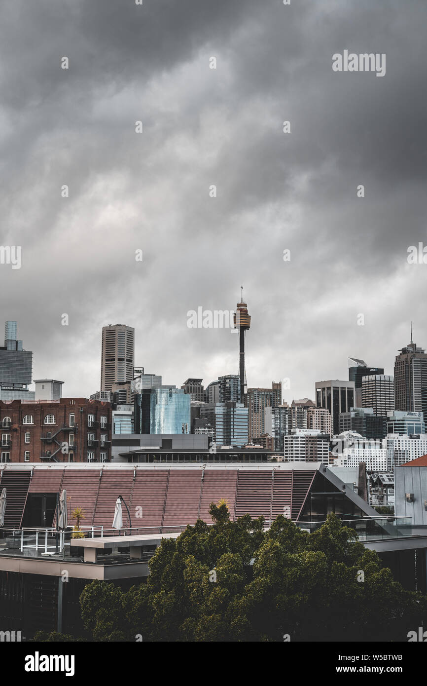 Sydney skyline della città su un moody giorno nuvoloso. Girato da Pyrmont. Foto Stock