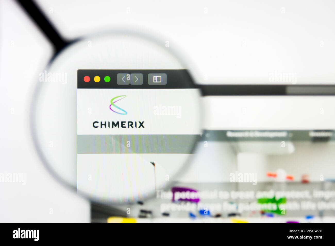 Richmond, Virginia, Stati Uniti d'America - 27 Luglio 2019: Editoriale illustrativa di Chimerix Inc website homepage. Chimerix Inc logo visibile sullo schermo. Foto Stock