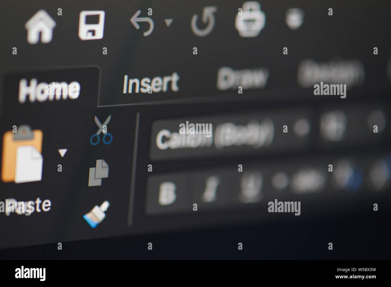 New york, Stati Uniti d'America - 26 luglio 2019: menu principale di Microsoft Office Word software sul computer macro vista ravvicinata in pixel dello schermo Foto Stock