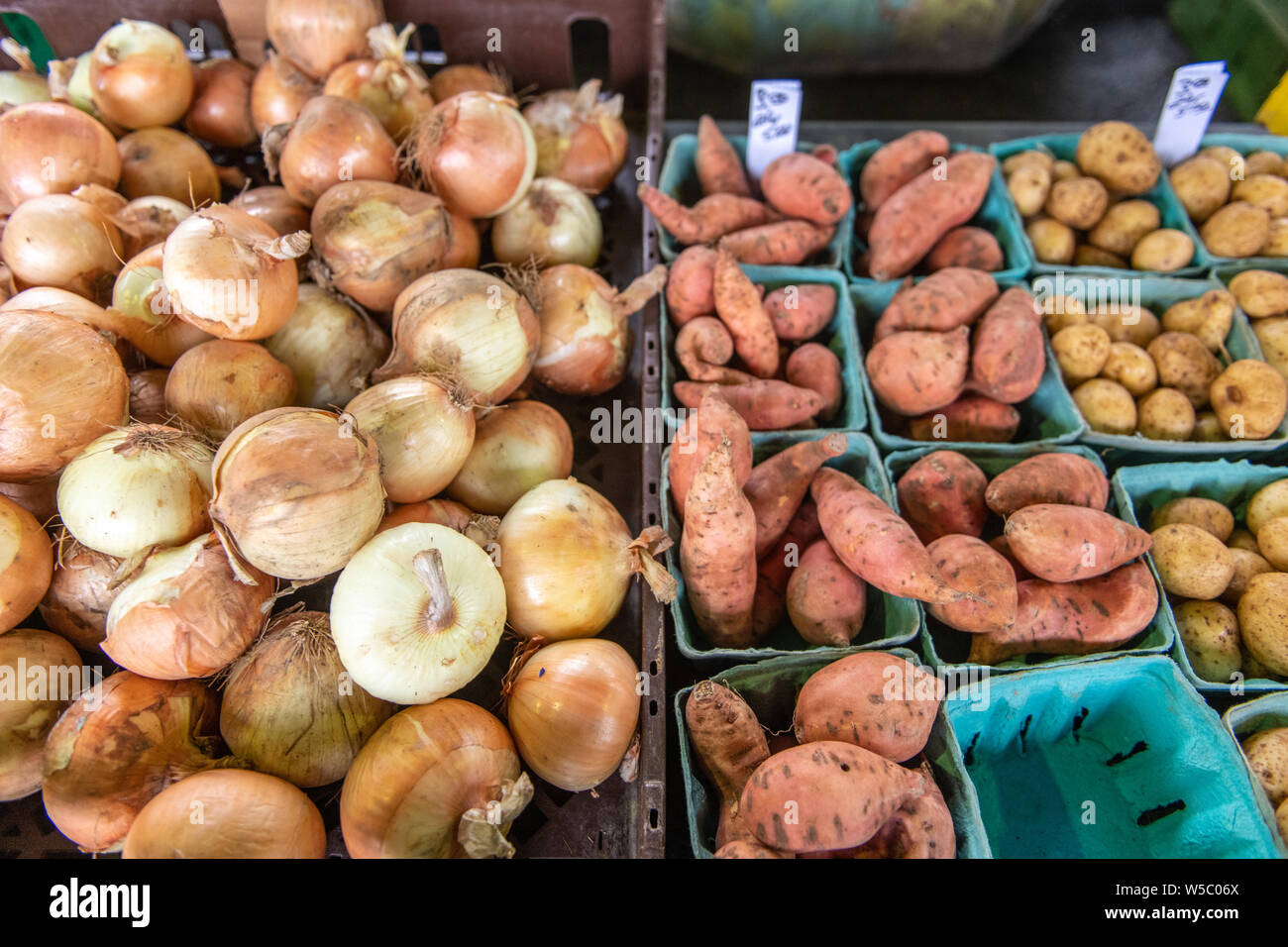 Le cipolle (Allium cepa), patata dolce (Ipomoea batatas), patata (Solanum tuberosum) in un mercato degli agricoltori a Baltimora, MD Foto Stock