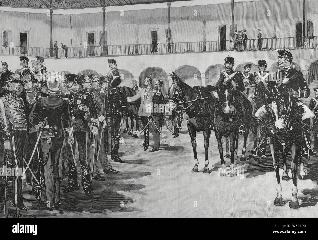El príncipe heredero Friedrich Wilhelm Nikolaus Karl von Preuben (1831-1888), futuro Federico III de Alemania, de visita a Madrid, España. El Rey de España Alfonso XII y el príncipe imperial de Alemania visitando El Cuartel de la Montaña, en Madrid, el 30 de noviembre de 1883. Revista de los cuerpos de artillería. Dibujo del natural por Alcazar. Grabado por Bernardo Rico (1825-1894). La Ilustración Española y Americana, 15 de diciembre de 1883. Foto Stock