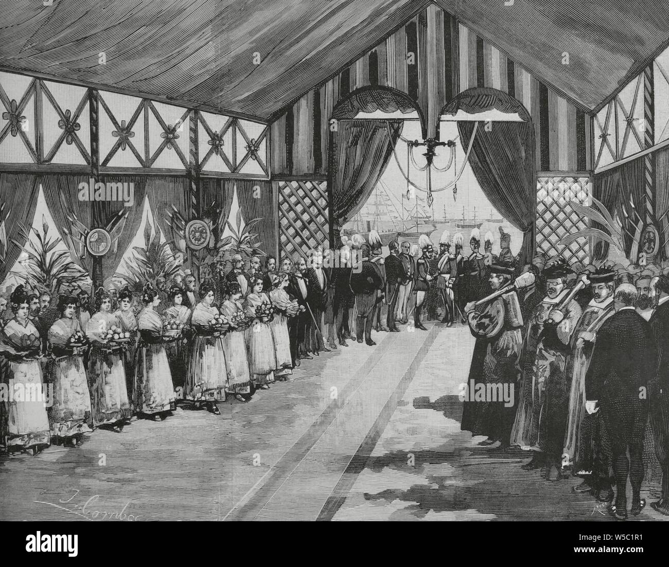 El príncipe heredero Friedrich Wilhelm Nikolaus Karl von Preuben (1831-1888), futuro Federico III de Alemania, de visita a Valencia, España. Recibimiento por las autoridades en el pabellón-desembarcadero del Grao, el 22 de noviembre de 1883. Dibujo de Juan Comba. Grabado por Bernardo Rico (1825-1894). La Ilustración Española y Americana, 30 de noviembre de 1883. Foto Stock